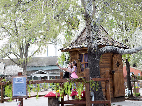 Woodland Fairy Festival - two people on stage by fairy house taking a selfie 