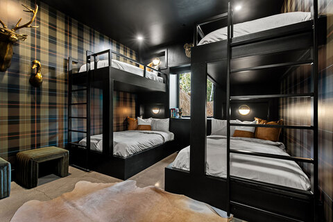 Down to Earth Projects | Park City Parade with Riverwood Interiors - black bunk beds with plaid walls in park city home 