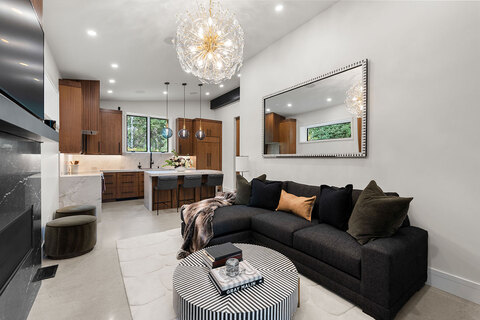 Down to Earth Projects | Park City Parade with Riverwood Interiors - downstairs kitchenette and family room of modern park city home 