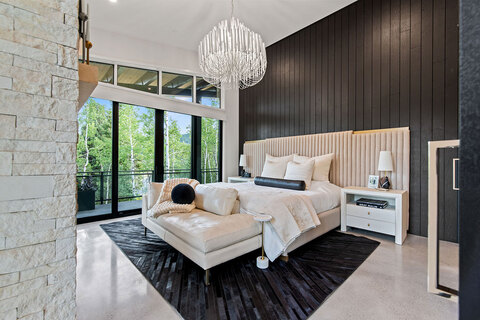 Down to Earth Projects | Park City Parade with Riverwood Interiors - modern bedroom with black and cream in park city home 