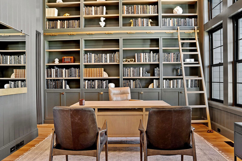 Down to Earth Projects<br>Symphony Homes Parade Ninth + North Design - Down to Earth Projects<br>Symphony Homes Parade Ninth + North Design - office with green bookshelves and white oak desk